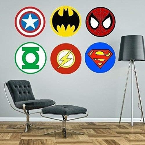 Superheroes Logos Superman Spiderman Batman Captain America Green Lantern Flash Giant Wall Stickers kit Decal (Small Plus - Each Logo 30cm Wide)