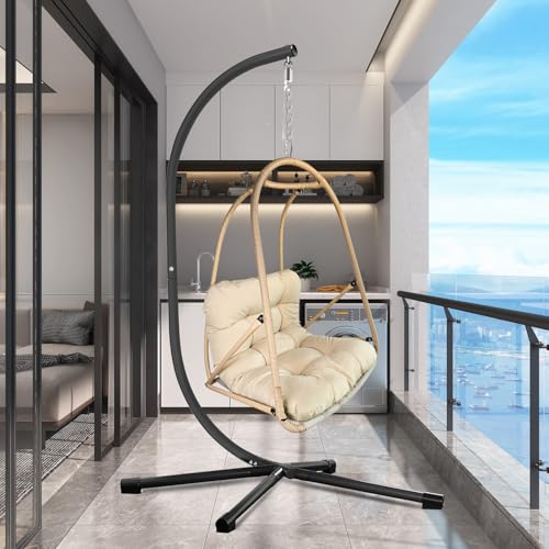Image of JESE Swing Egg Chair Foldable Frame Hanging Chairs, UV Resistant Waterproof Cushion and Cup Holder,Swing Hammock Chairs for Patio,Bedroom,Balcony, Garden-350lbs, Stand Included, Brown