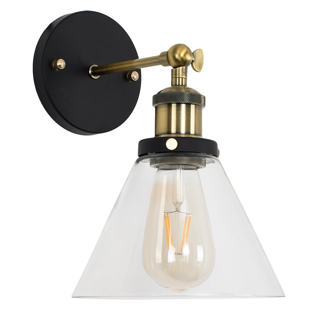 Minisun Single | Industrial Steampunk Black And Gold Wall Light Fitting With A Clear Glass Conical Shaped Light Shade | Wall Lamps & Sconces, Home Décor & Improvement Essential | Mains Wired