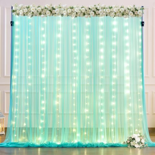 Sage Green Tulle Backdrop Curtains with Lights String for Parites 10x8ft Sheer Backdrop Curtains Drapes for Birthday Party Bridal Shower Baby Shower Christmas Wall Photo Booth Background Decorations