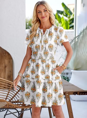 Image of Duigluw Dresses for Women 2025 Casual Summer Short Sleeve V Neck Beach Mini A-Line Ruffle Flowy Dress