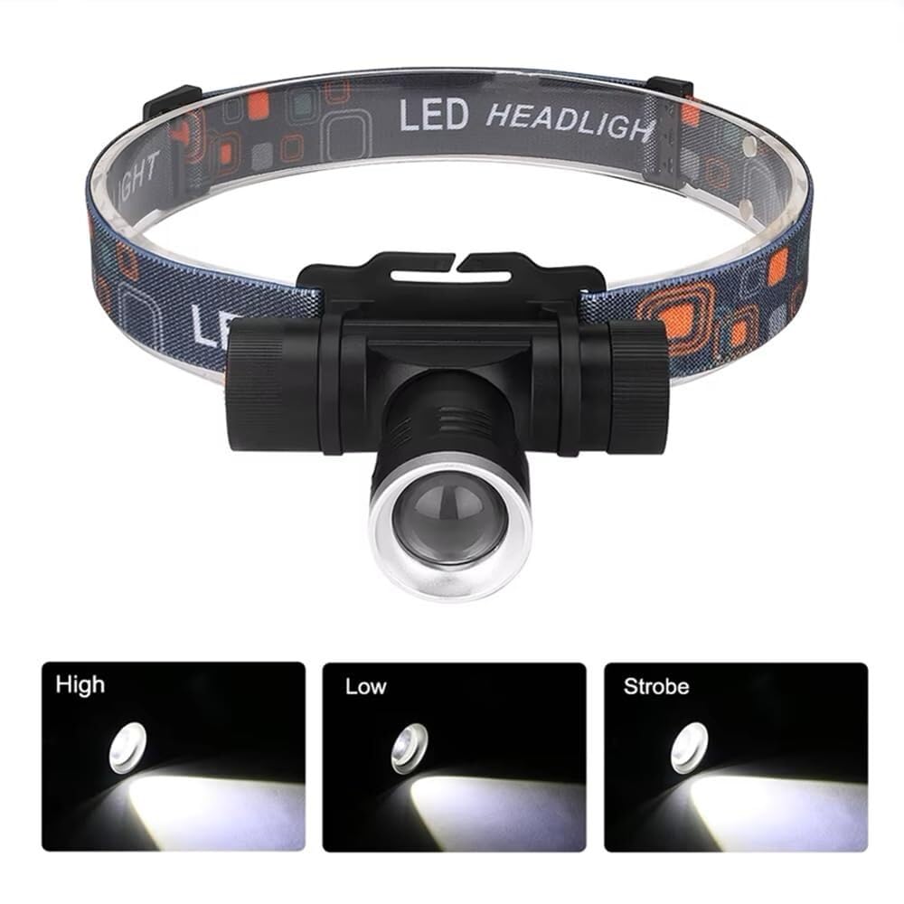 Lampe Frontale LED zoomable, Phare de pêche, 3 Modes, étanche, Super Lumineuse, éclairage de Camping alimenté