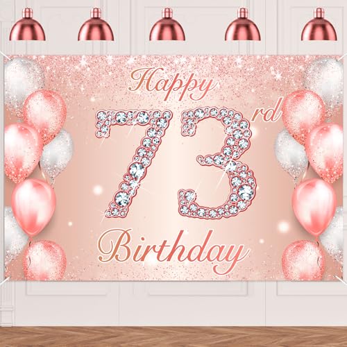 Image of Happy 73rd Birthday Rose Gold Banner Cheers to 73 Years Old Backdrop Confetti Balloons Theme Decor for Women 73 Years Old Pink Birthday Party Decorations Bday Supplies Background Favors Gift Glitter