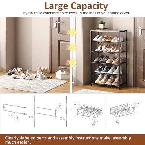 Image of HOMEFORT 6 Tiers Shoe Rack Organizer,23 inch Shoe Storage Shelf for Closet, Shoe Rack for Entryway, Each Tier Fits 3 Pairs, Shoe Stand with Metal Shelves and MDF Top Board, Washed Gray