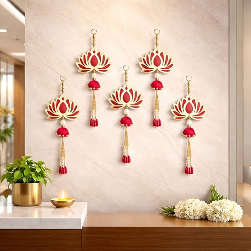 Image of Handcrafted Decorative Wall Decor Lotus Jhumki Hanging Ornament for Ganpati Diwali Navratri and Pooja Setup Home Entrance Mandir Temple Decor Pack of 6