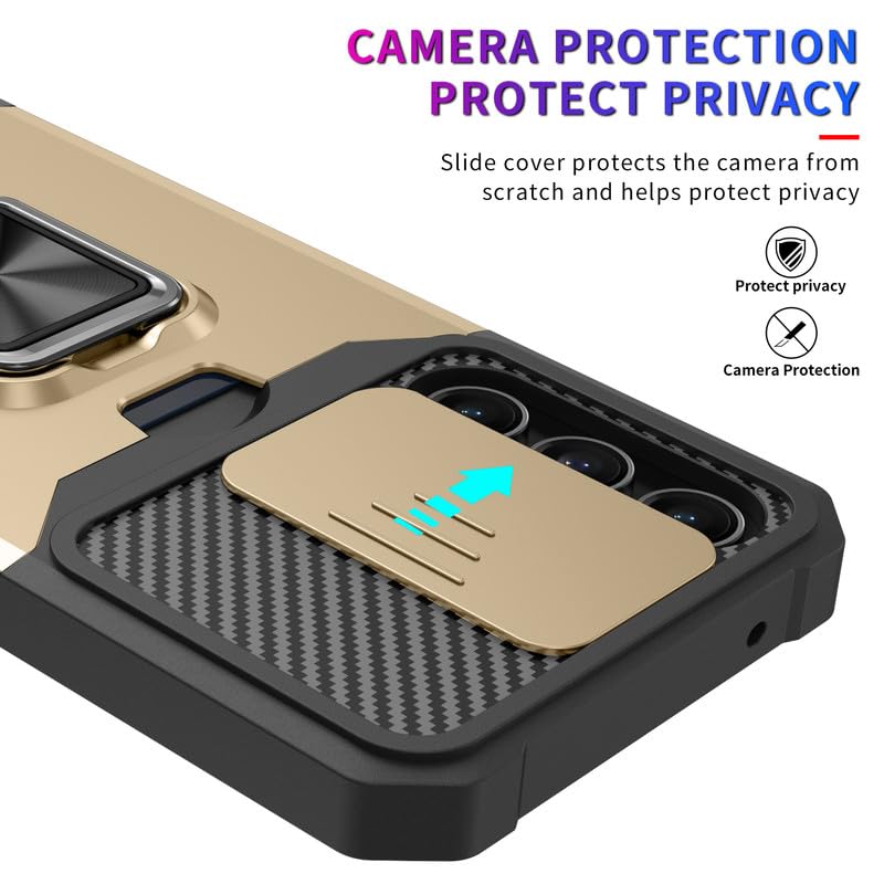 Image of LuxuryKase Shockproof Armor Case for Samsung Galaxy S24 FE | Slide Camera Cover | Hidden Card Slot | Rotating Ring Kickstand | Magnetic Car Mount Support | Military Grade Protection - Gold