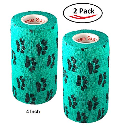 Image of Vet Wrap Wrap Tape (Teal with Paws) (2 Pack) (4 Inch x 15 feet) Self Adhesive Adherent Adhering Cohesive Flex Self Stick Bandage Grip Roll Dog Cat Pet Horse
