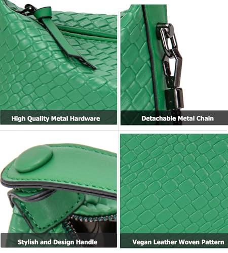 Image of Sweetovo Hobo Bag for Women Vegan Leather Small Tote Crossbody Shoulder Purse Woven Pattern Top Handle Handbag Satchel with Detachable Metal Chain, 3-green