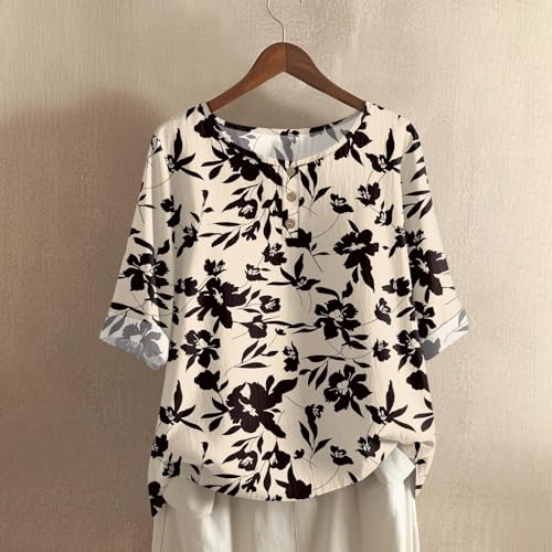 Linen Shirts for Women 3/4 Sleeve Button Down Henley V Neck Summer Tops Dressy Casual Cute Shirts Half Sleeve Blouses2