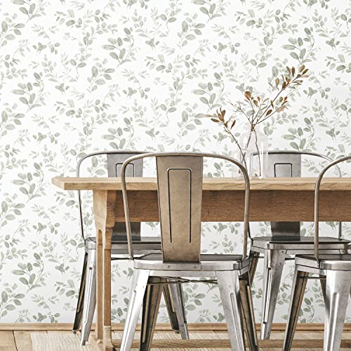 RoomMates RMK12273PL Dancing Leaves Peel and Stick Wallpaper, Green/White