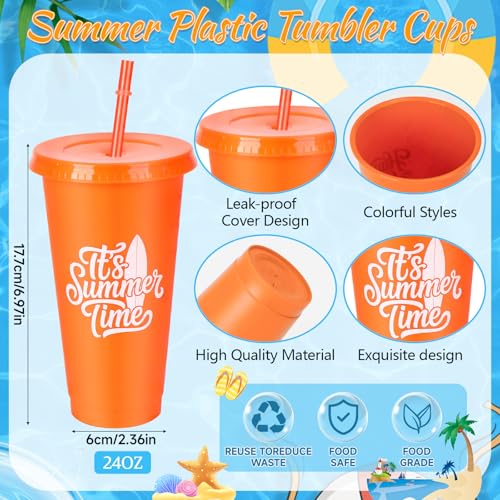 Natonhi 24 Sets Summer Gifts for Students - 24oz Summer Cups with Lids and Straws Bulk, Reusable Plastic Tumblers with Greeting Cards & Ribbons for School Class Prizes, Beach Pool Party Favors by Natonhi - Used condition - Image 5