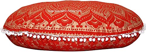 Thriving Red Dye Gold Mandala Cotton Floor Cushion Cover Handmade Pillow Cover Meditation Pouf Cover Boho Linen Seating Cushion For Living Room Yoga Room Home Decor Throws Yoga Mat Ottoman #TOP2