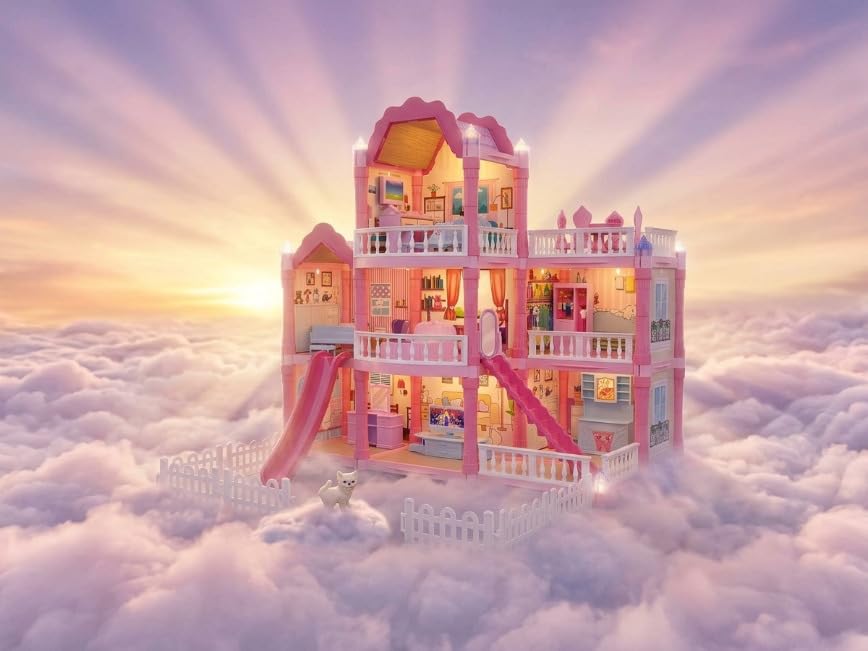Deluxe Doll House Toy for Girls, Multi-Room Pink Mansion with Bedroom, Living Room, Slide & Accessories-image-33