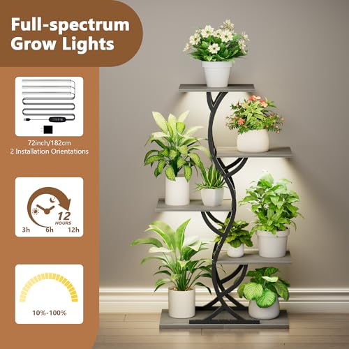 Image of Plant Stand Indoor with Grow Lights - 5 Tiered Corner Plant Shelves (Gray) | 44 inch Tall Metal Plant Shelf, S-Shape Lighted Flower Holder Dispaly Rack for Living Room, Home, Patio, Balcony