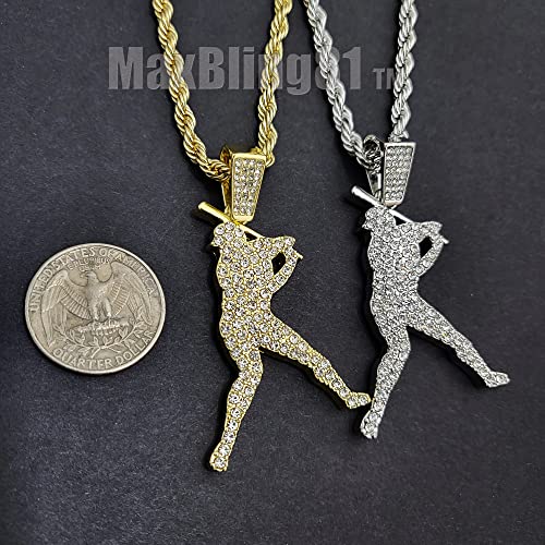 Iced Lab Diamond Gold Silver Plated Baseball Hitter Pendant & 4mm 24" Rope Chain Hip Hop Jewelry Necklace4