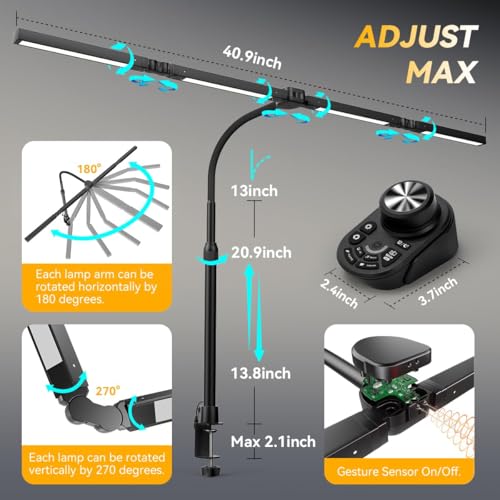 Image of Adjustable LED Desk Lamp with Clamp, 4-Head Eye-Caring CRI95+ Desk Light, Stepless Dimming & Color Temp Remote Control, Flexible Neck, 5-Mode for Reading, Computer, Crafting, 90 inch Wide Desk Coverage