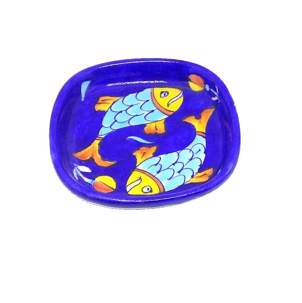 Aditya Blue Art PotteryDecorative Ceramic Fish Design Blue Color Hand Painting Serving Tray 9 x 9 x 3 cm