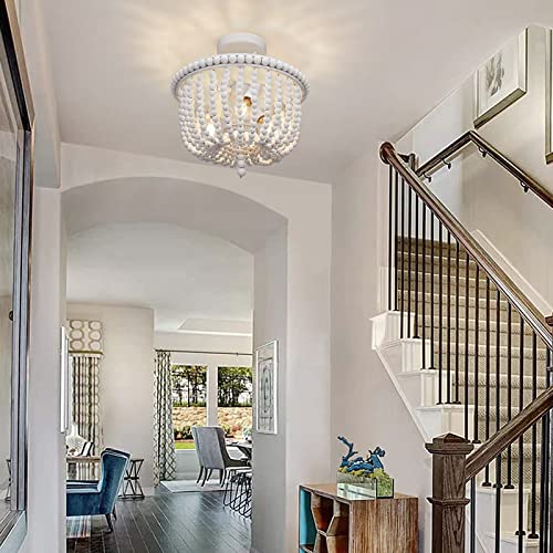 White Wood Bead Chandelier, 3-Light Boho Semi Flush Mount Ceiling Light Fixture, Baby Nursery Lighting For Girls Room, Entryway, Hallway, Bedroom, Stairway, Laundry Room, Closet #TOP5