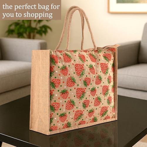 Image of Kuber Industries 2 Pcs Jute Shopping Bag for Women with Handle | Reusable Carry /Shopping Bag for Grocery, fruits & Vegetable | Strawberry Print - Brown