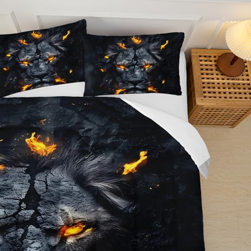 Image of Black & Gold Queen Comforter Set Lion,Lion Queen Size Bedding Set,with 1 Comforter with 2 Pillow Case,Animal Bedroom Decor for Boys Kids Man