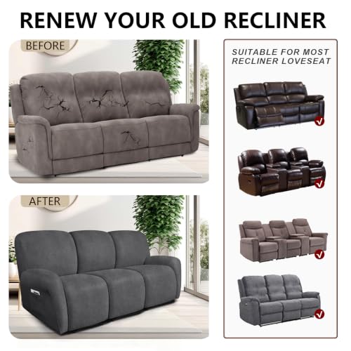 Image of ANARACHON Leather Look Recliner Couch Cover 8-Piece Recliner Sofa Slipcovers 3 Seater for Reclining Couches Furniture Protector Spandex Fabric Washable (Recliner Sofa,256Dark Gray)