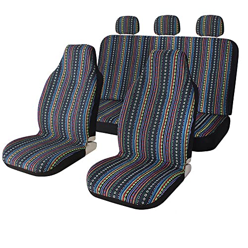 10pc Stripe Colorful Seat Cover Baja Blue Saddle Blanket Weave Universal Bucket Seat Cover with Steering Wheel Cover Front & Rear