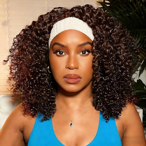 Image of XSY Headband Wig Human Hair Chocolate Brown 4# Kinky Curly Human Hair Wigs for Black Women None Lace Front Wigs Brazilian Virgin Human Hair Wig Curly Wig 150% Density 14inch