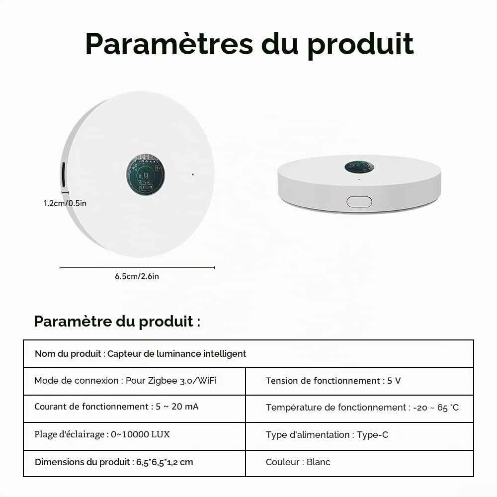 SPORTARC Capteur de lumière, capteur de luminance pour maisons intelligentes, compatible TUYA WiFi/ZigBee, ajustement automatique des niveaux de lumière, blanc, 1 unité