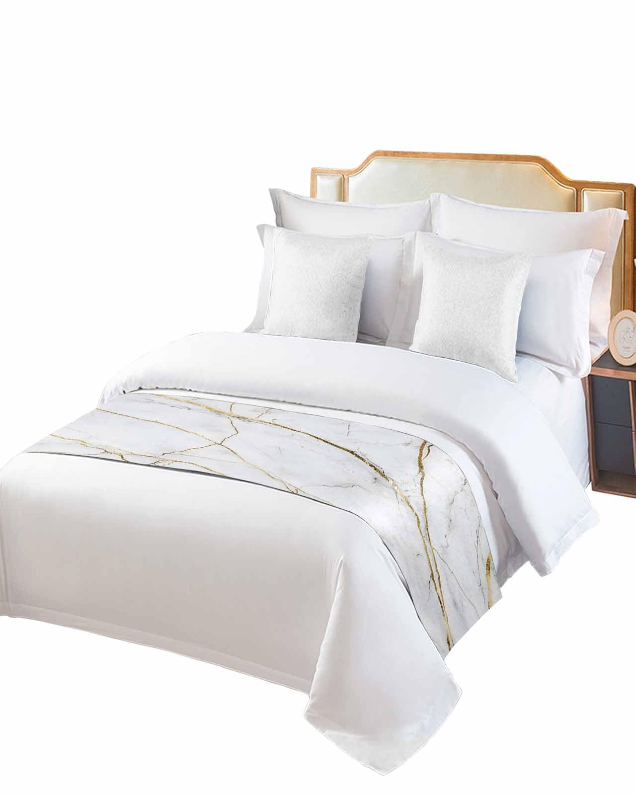 DecorLovee White Marble Pattern Bed Runners for Queen Size Bed, Decorative Bed Throws for Foot of Bed, Minimalism Abstract Texture Art Bed Runner Sofa Throw Bedding Scarf Protector for Bedroom