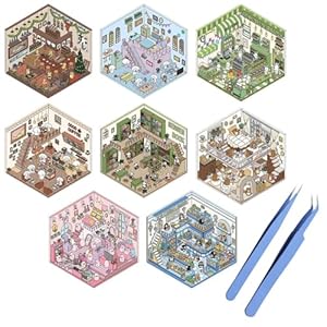 8PCS Fun DIY 3D House Stickers，Creative Stickers Scene with Tweezers，Cute 3D Korean Scene Stickers for Adult and Children Relief Stress Pass The Time，Mini House Stickers for Valentine’s Day Gift