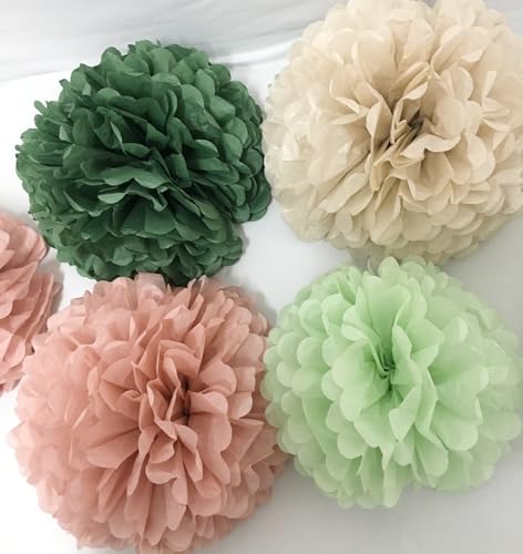 Image of Tissue Paper Pom Poms Kit Paper Flowers 12pieces for Gender Baby Shower Wedding Bridal Bachelorette Birthday Party Decorations (Boho Green + Dusty Pink)