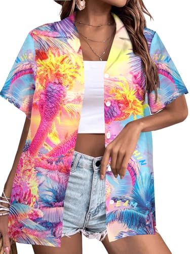 Image of Hawaiian Shirt Floral Tropical Print Tee Hawaii Shirts Aloha Beach Tee Cute Vcation Button Up Blouse