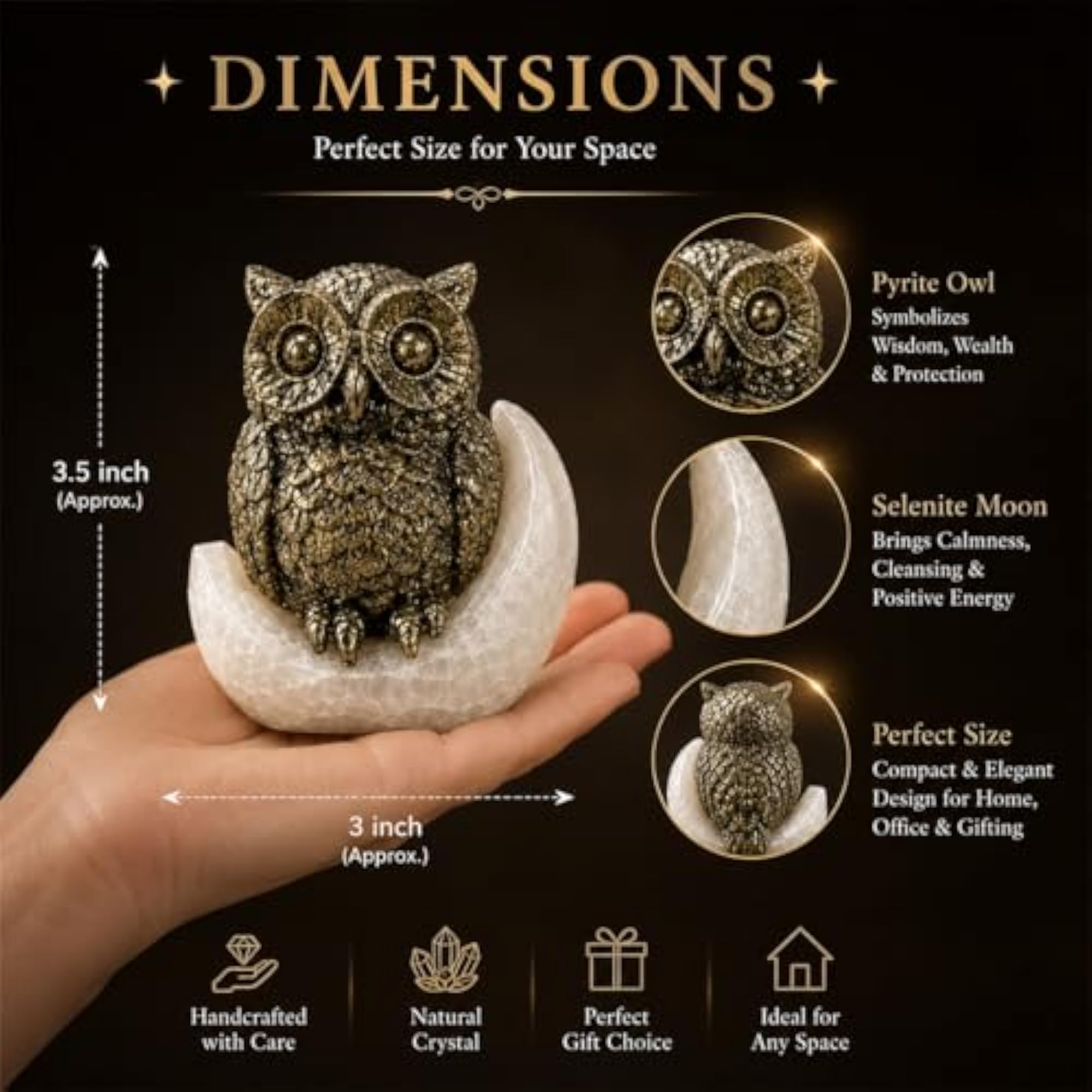 Handcrafted Pyrite Stone Tortoise Figurine (Owl with Moon)