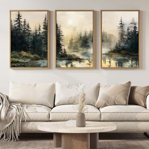 Misty Pine Tree 3 Panel Framed Art