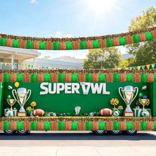 Image of MARFOREVER 8 Pcs Football Golf Cart Decorations Kit for Football Parade Float Tinsel Garland Foil Fringe Banner Green and Brown Party Decorations for Football Car Wagon Yard Sports Theme Decor