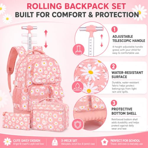 Image of CCJPX 3Pcs Rolling Backpack for Girls, Roller Wheeled School Bookbag, Daisy Wheels Backpacks with Lunch Box for Kids (Pink)
