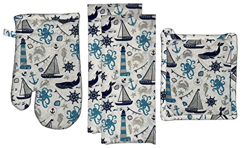 Set of 4, 100% Cotton, Coastal Nautical Fish Design, Kitchen Towel Set, Include 2 Kitchen Towels, 1 Pot Holder & 1 Ovenmitt