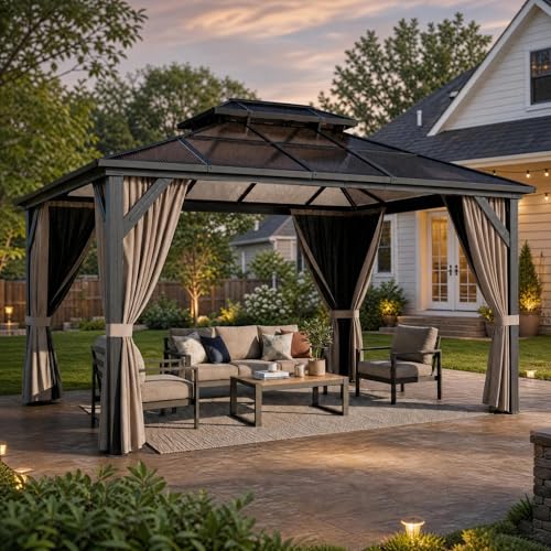 10' x 13' Hardtop Gazebo with Polycarbonate Double Roof, Aluminum Frame Permanent Pavilion with Curtains and Netting, Outdoor Gazebo for Patio Backyard (Khaki) by GarveeHome - Image 3