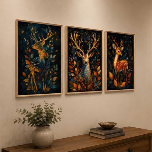 Image of Livin'luxe Set of 3 Deer Forest Wall Paintings for Living Room Bedroom Hallway Home Decor with Premium Wooden Color Synthetic Frame (13.5 x 19.5 Inch) NM03-76