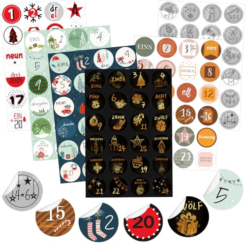 KOHMUI Adventskalender Zahlen Aufkleber, 6 x 24 Advents Zahlenaufkleber für Weihnachtskalender zum selber basteln und Verzieren, Adventszahlen Stickers