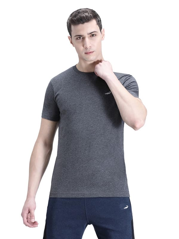 Image of CROCODILE Men Solid Sport Fit T Shirt | Round Neck | Short Sleeve | Regular Length | Basic Casual Pull On Topwear Grey Melange