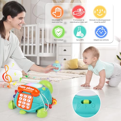 Herenear Baby Krabbel Spielzeug, Schildkröten Krabbelspielzeug mit Licht und Musik, Pädagogisches Spielzeug Baby, Lernspielzeug Geschenk, Kriechendes und Singendes Musikalisches Babyspielzeug