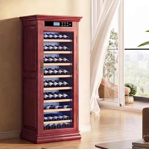 Image of KEIKI Freestanding Wine Refrigerator with Wood Cabinet, 102 Bottle Single Zone Wine Cooler, Humidity Control Tempered Glass Door, LED Light Lockable Shelves, for Home Bar Kitchen, Cherry