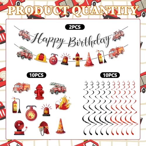 Image of Firetruck Birthday Party Decorations Include Fire Truck Happy Birthday Glitter Banner Firefighte Hanging Swirls Supplies for Fireman Birthday Theme Party Rescue Events