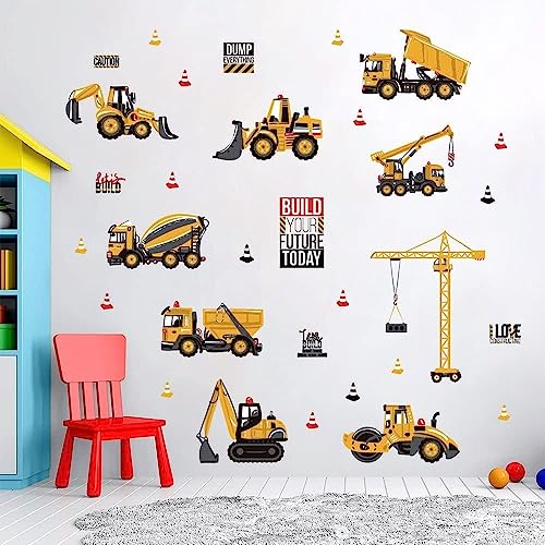 Tanlaby Wandaufkleber mit Baufahrzeugen, Wandaufkleber, LKW, Bagger, Wanddekoration, Vinyl, Wandbild, Kunst f&uuml;r Jungen, Kinder, Baby, Kinderzimmer, Schlafzimmer, Wohnzimmer, Spielzimmer