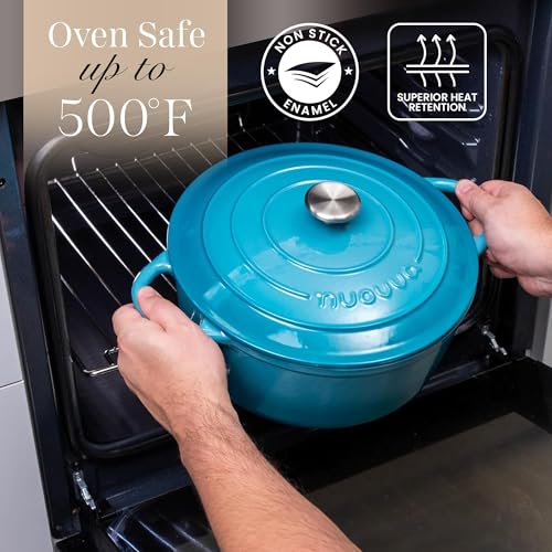 Image of Cast Iron Pot with Lid - Non-Stick Ovenproof Enamelled Casserole Pot, Oven Safe up to 500 F-Sturdy Dutch Oven Cookware - Blue, 5-Quart, 24cm-by Nuovva