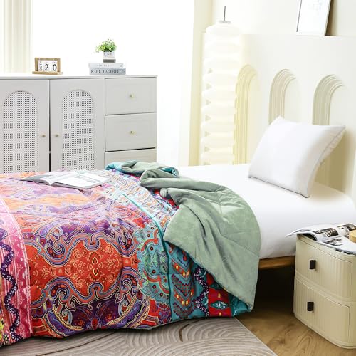 Image of Ac Comforter Single Bed Boho with Satin Finish 240 GSM - Reversible AC Comforter - Purple & Orange, Motif Comforter Quilt Duvet Dohar Blanket for Summer 150 X 225cm