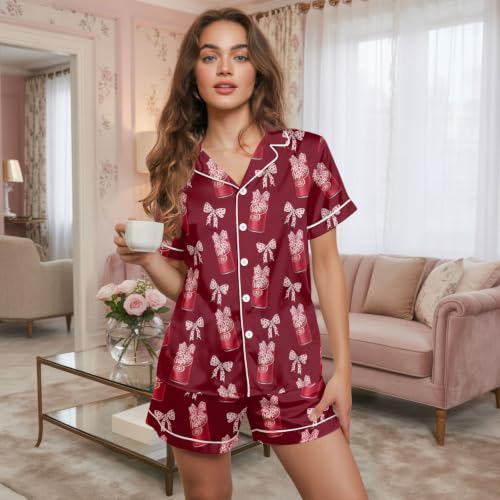 Image of Women 2PCs Satin Pajama Set Short Sleeve Silk Feel Gift Sleepwear