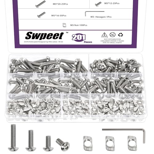 Swpeet 201Pcs M5 Nickel Plated T Nuts Screw with Hex Wrench Assortment Kit, M5×12/16/20 Button Head Hex Socket Head Cap Bolts, T Slot Nut Hammer Head Fastener for 2020 Series Aluminum Profile Groove