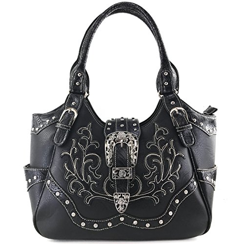 Justin West Western Floral Embroidery Studs Bling Rhinestone Buckle Shoulder Concealed Carry Handbag Purse (Black Large Tote)